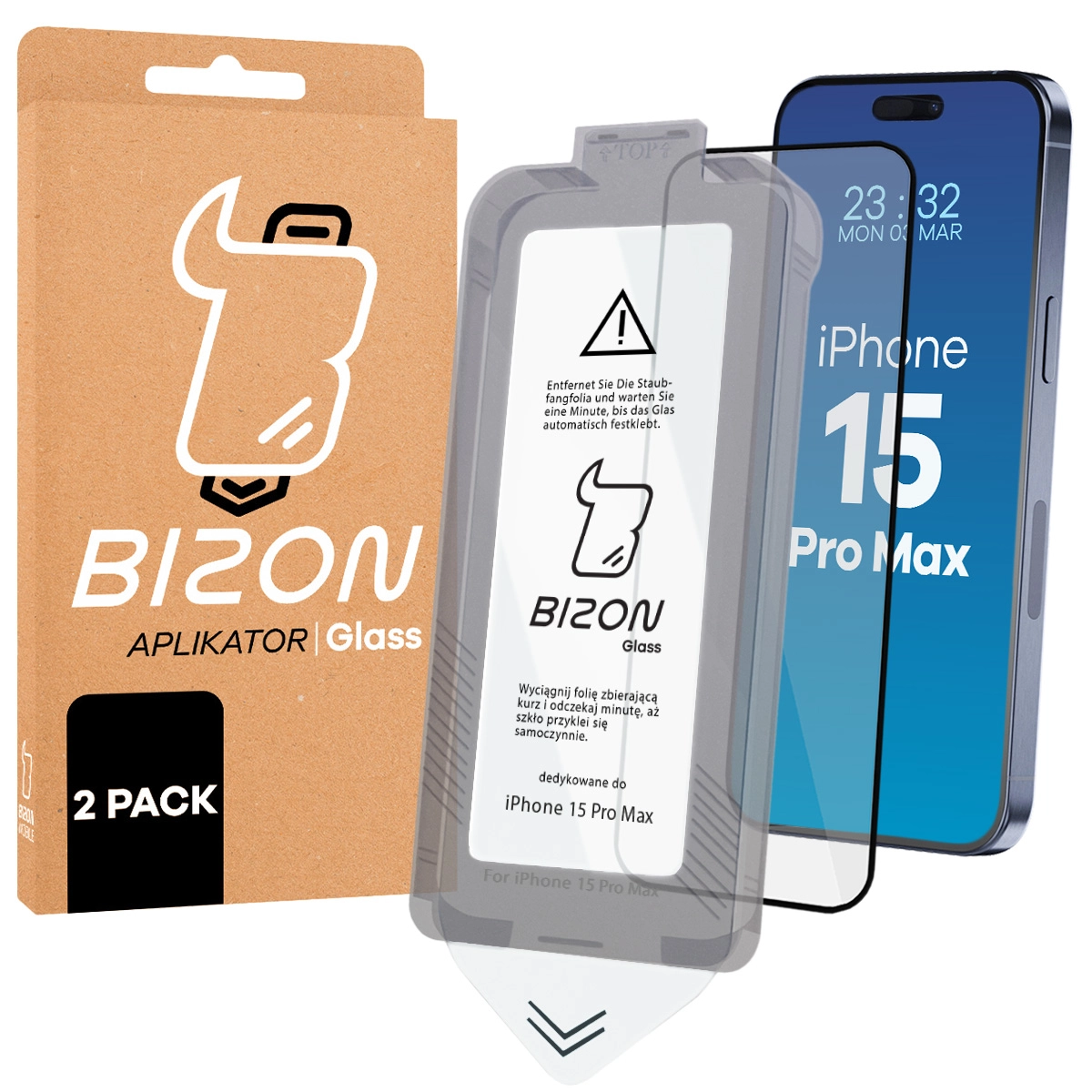 Szkło do łatwej aplikacji Bizon Glass Aplikator dla iPhone 15 Pro Max